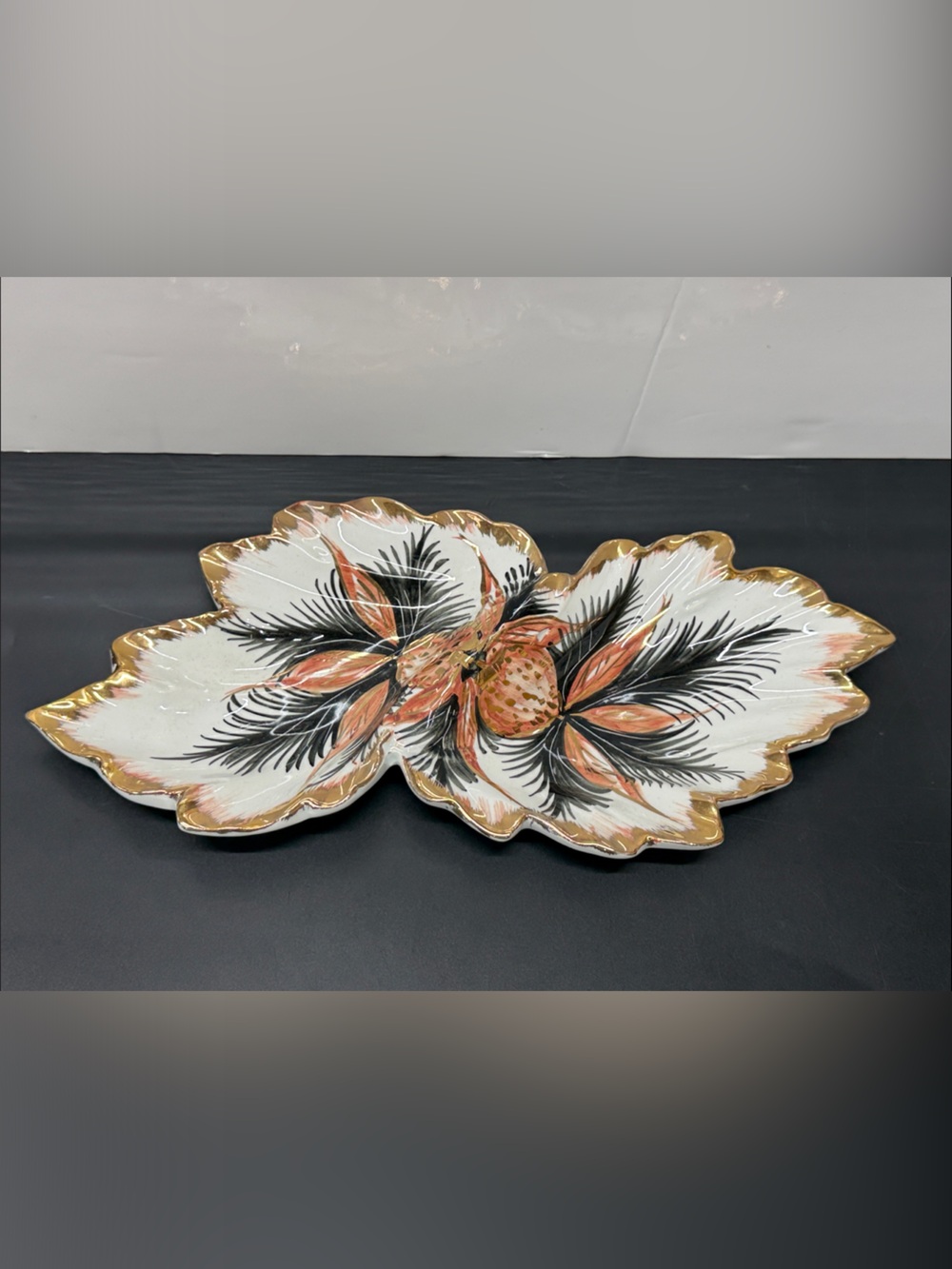 Vintage Hand-Painted Leaf-Shaped Porcelain Divided Serving Dish Made in Italy